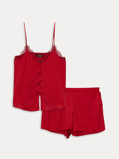 Атласный женский пижамный комплект с V-образным вырезом и детальными ремешками и шортами LCW DREAM, красный