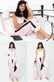 Атласный розовый пижамный комплект из 6 предметов с черной окантовкой в полоску FOR YOU MODA