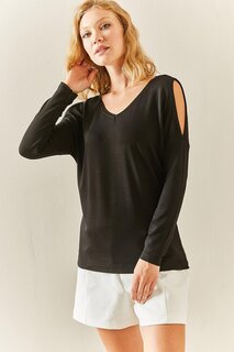 Черная повседневная блузка с глубоким вырезом и плечами 3YXK2-47539-02 XHAN