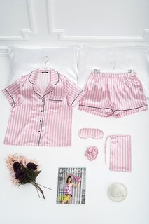 Атласный пижамный комплект из пяти предметов в розовую и белую полоску FOR YOU MODA