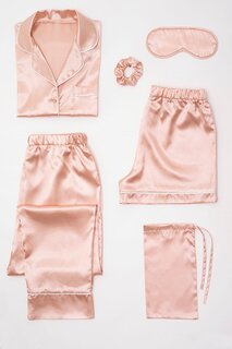 Атласный пижамный комплект из 6 предметов с белой окантовкой цвета розового золота FOR YOU MODA