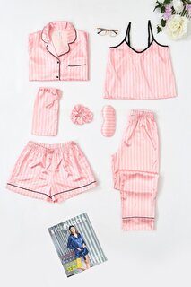 Атласный пижамный комплект из 7 предметов в розовую полоску FOR YOU MODA