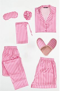 Атласный пижамный комплект из 7 предметов розового кремового цвета в полоску FOR YOU MODA