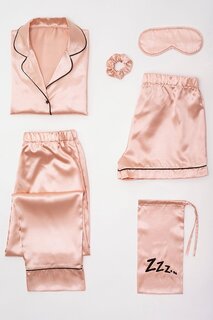 Атласный пижамный комплект из 6 предметов с черной окантовкой цвета розового золота FOR YOU MODA