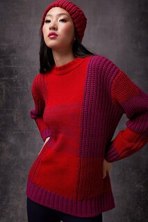 Пурпурно-красный вязаный свитер с круглым вырезом SWK4355MK Sherin