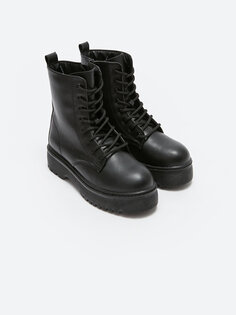 Женские кожаные ботинки на шнуровке LCW STEPS, черный