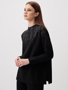 Черная стильная блузка с круглым вырезом и каменным принтом Jimmy Key