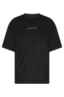 Черная футболка оверсайз в рубчик с вышивкой Freedom 2YXE2-45986-02 XHAN