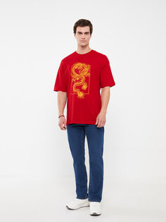 Мужская футболка из чесаного хлопка с круглым вырезом и коротким рукавом с принтом LCW Casual, красный