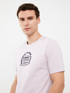 Мужская футболка из чесаного хлопка с круглым вырезом и коротким рукавом с принтом LCW Casual, светло-сиреневый
