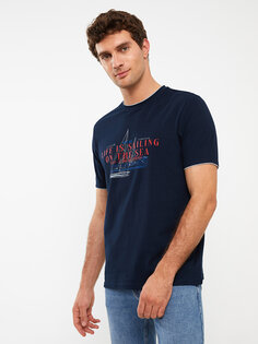 Мужская футболка из чесаного хлопка с круглым вырезом и коротким рукавом с принтом LCWAIKIKI Classic, новый темно-синий