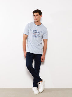 Мужская футболка из чесаного хлопка с круглым вырезом и коротким рукавом с принтом LCWAIKIKI Classic, светло-синий