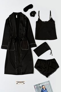 Черный комплект из шести предметов: халат с леопардовой окантовкой и спортивные шорты FOR YOU MODA