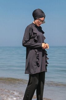 Черный купальник в стиле хиджаб из 4 частей, полностью закрытый с воланами и веревкой M2102 Marina