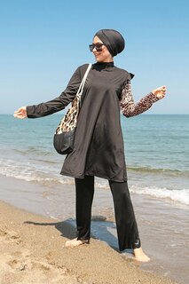 Черный полностью закрытый купальник в стиле хиджаб из 4 частей с леопардовыми рукавами M2101 Marina