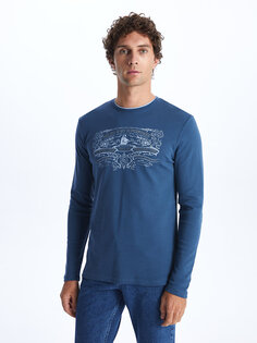 Мужская футболка с круглым вырезом и длинным рукавом с принтом LCWAIKIKI Classic, светло-темно-синий
