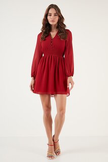 Шифоновое мини-платье с V-образным вырезом и блестящими пуговицами 611EL01433 Lela, красный