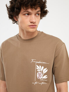 Мужская футболка с круглым вырезом и коротким рукавом с принтом LCW Casual, светло-коричневый