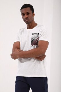 Мужская футболка цвета экрю с принтом на груди и детализированной стандартной формой с круглым вырезом TOMMYLIFE