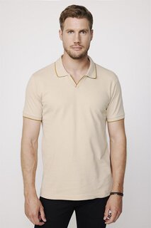Мужская футболка-поло с v-образным вырезом приталенного кроя из хлопка пике бежевого цвета без пуговиц TUDORS