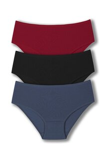 Женские трусики больших размеров из хлопка в рубчик с высокой талией, 3 предмета HNX, черно-бордовый красный