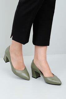 Женские туфли из натуральной кожи цвета хаки с острым носком на среднем толстом каблуке 24170 GÖNDERİ(R)