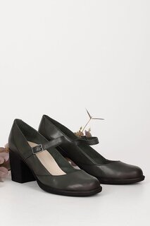 Женские туфли из натуральной кожи цвета хаки с круглым носком и резиновой подошвой на среднем каблуке 24136 GÖNDERİ(R)