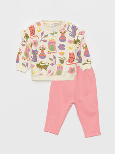 Свитшот и брюки с круглым вырезом и длинными рукавами для маленьких девочек, комплект из 2 шт. LCW baby, бежевый с принтом