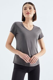 Серая базовая женская футболка стандартного кроя с короткими рукавами и V-образным вырезом TOMMYLIFE