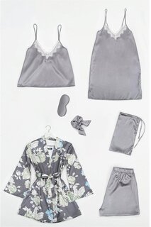 Серый атласный пижамный комплект из 7 предметов с цветочным принтом FOR YOU MODA