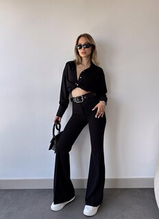 Женские черные брюки с высокой талией и поясом Z Giyim