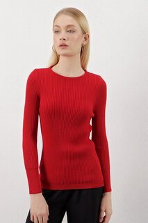 Женский бордово-красный базовый трикотажный свитер в рубчик с круглым вырезом Z Giyim