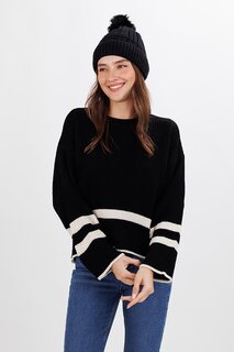 Женский вязаный свитер оверсайз с круглым вырезом и боковыми пуговицами в полоску, черный ECROU