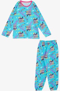 Синий пижамный комплект для девочки с текстовым узором (4–8 лет) Breeze