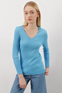 Женский голубой вязаный свитер в рубчик с v-образным вырезом Z Giyim