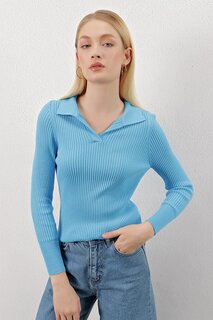 Женский голубой вязаный свитер в рубчик с воротником-поло Z Giyim
