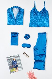 Синий пижамный комплект из 6 предметов с леопардовым принтом FOR YOU MODA