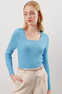 Женский голубой вязаный свитер в рубчик с квадратным вырезом и квадратным вырезом Z Giyim
