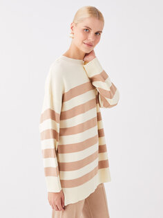 Женский вязаный свитер оверсайз с высоким воротником и цветными блоками с длинными рукавами LCW Modest, бежевый полосатый