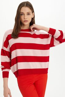 Женский вязаный свитер в красно-розовую полоску с круглым вырезом SWK4339KR Sherin