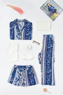Синий пижамный комплект из 7 предметов из вискозы с этническим узором внутри и снаружи FOR YOU MODA
