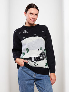 Женский вязаный свитер с длинным рукавом на новогоднюю тематику LCW Modest