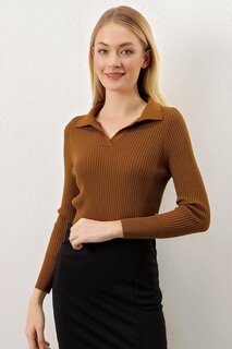 Женский коричневый базовый трикотажный свитер в рубчик с воротником-поло Z Giyim