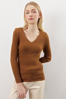 Женский коричневый базовый трикотажный свитер в рубчик с v-образным вырезом Z Giyim