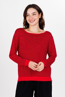 Женский красный полосатый свитер оверсайз с вырезом «лодочка» ECROU