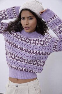 Сиреневый вязаный укороченный свитер с узором SWK3045LL Sherin