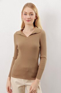 Женский норковый свитер с воротником-поло в рубчик, базовый трикотаж Z Giyim