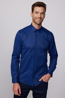 Современная приталенная хлопковая легко гладимая мужская рубашка Добби темно-синего цвета TUDORS, темно-синий