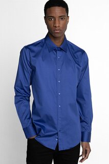 Современная приталенная мужская рубашка из хлопкового атласа премиум-класса саксофона синего цвета TUDORS