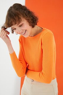 Женский оранжевый базовый свитер узкого кроя с круглым вырезом в рубчик Z Giyim